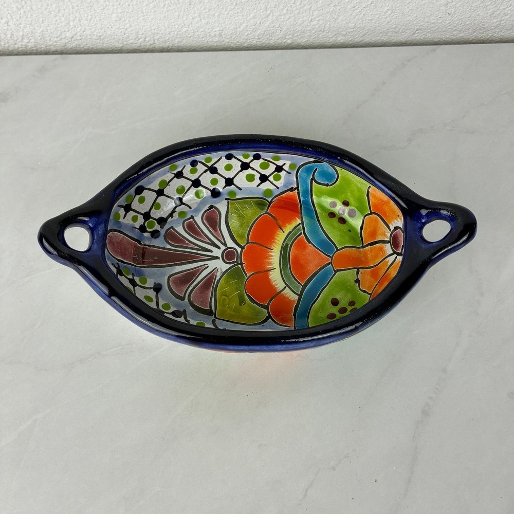 Arte Sobre Barros Talavera Salsa Bowl Oval Ceramic Hand Painted Mexico 7.5"